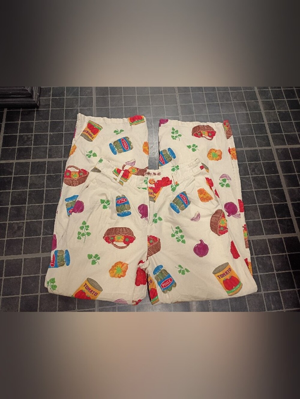 Cream Printed Wide-Leg Trousers with Colorful Food Motif